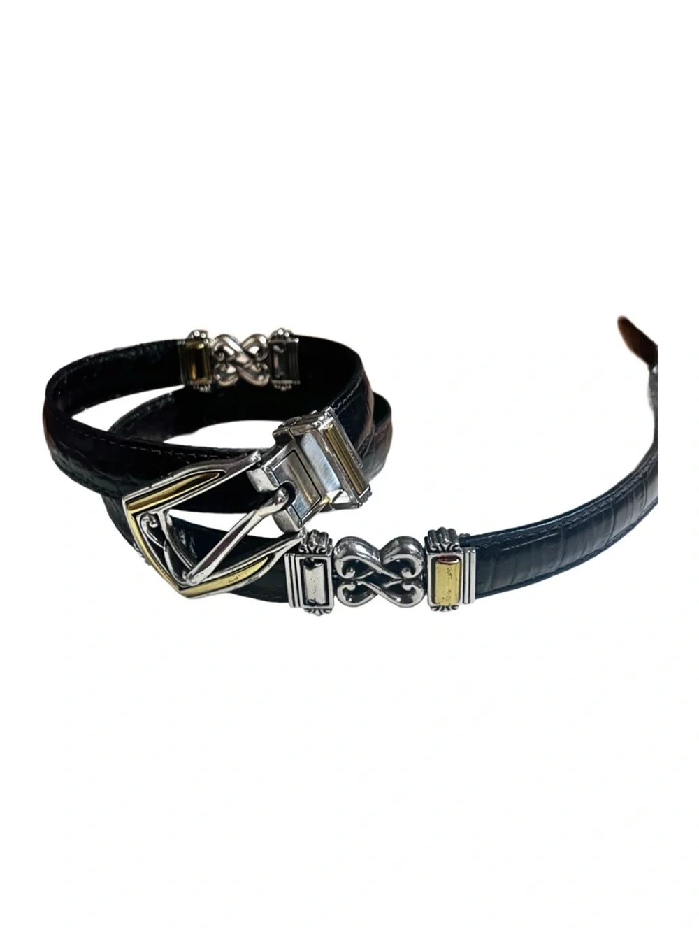 Brighton ~ Medium Reversible Black/Brown Leather W/Silver & Gold Medallion Belt